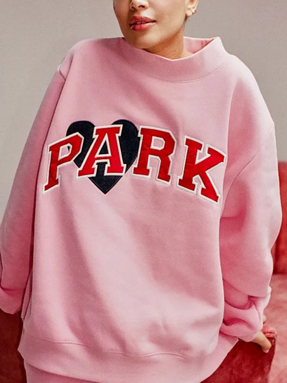 Parke Jean Heart Valentines Varsity Mockneck in Blush